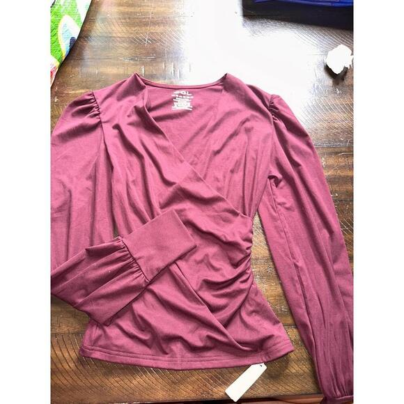 OGL BASICS Wrap Top Womens Size XS Maroon Flowy V-Neck Puffed Shoulders Effortle - Picture 3 of 4